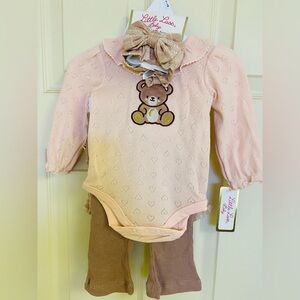 Little Lass Pink Knit Bear Bodysuit with Tan Pants and plaid shorts and Bow